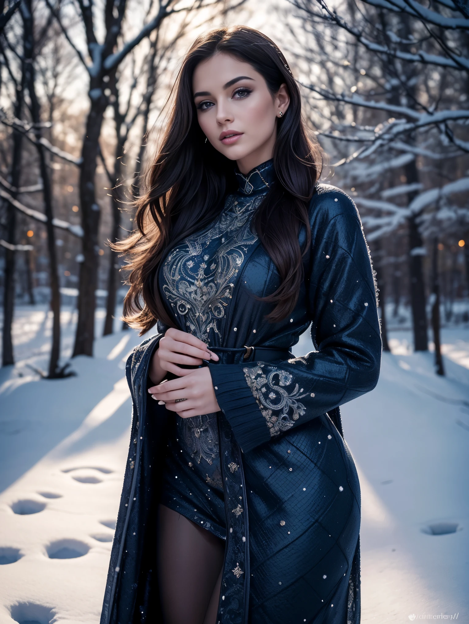 An ultra hot beautiful european woman posing as December Playmate, age 23, light brunette, she's a men magazine model, flirts with camera, with mesmerizing eyes, luscious lips, and a captivating smile. She's outside, surrounded by a snowy village, winter starry night, nothern lights, creating a picturesque scene. The woman wearing a glamorous dark blue outfit with winter patterns, that accentuates her curves and adds a touch of elegance to the composition. The artwork done in a realistic style, with extreme attention to detail, showcasing the intricate patterns on the girl's dress. The colors are vivid and vibrant, with a color palette that evokes a cozy winter atmosphere. The lighting soft and diffused, casting gentle shadows on the woman's face and highlighting the beauty of the surroundings. The overall image quality of the highest standard, with ultra-detailed rendering and sharp focus. It a masterpiece that captures the essence of December's enchantment and beauty.
