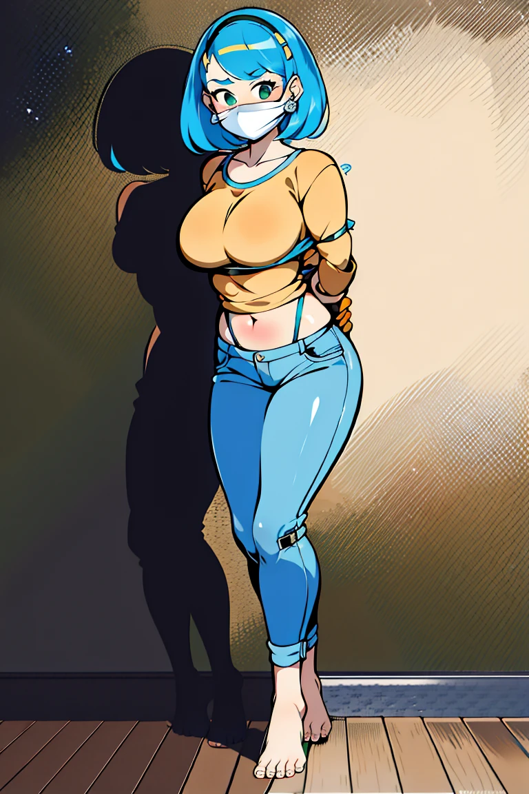 amelia n. with blue hair, masterpiece, (best quality), perfect eyes, bound, bondage, (arms behind back:1.4), skinny, bdsm, tape gag, tape, tape bondage, restrained, best anatomy, upper body, wearing tight orange crop top, jeans, yellow hairclip ,(stand pose), (full body shot),(toes to head view), (tight rubber mask)