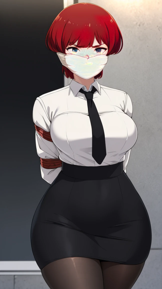(masterpiece, best quality), 1girl, red hair, short hair, bangs, Slim, (Wide hips, Thick thighs), Scared, Slender, view the viewer, angry, bound arms, arms back behind, ( black top and white dress , shirt, tie,pencil skirts), in office buildinasterpiece), absurderes, Intricate details, Improvised gag, tape gag, gagged, tape bondage