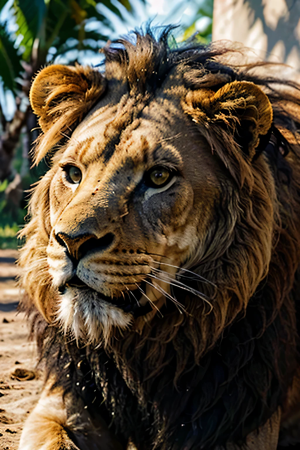 melhor qualidade, obra de arte, high resolution,  wild lion, Animal lion, Face of a lion, primeiro plano, grande juba ao vento, juba muito grande, dangerous lion appearance, Mighty Lion, obra de arte, realista, lion with penetrating gaze, muito real, grande juba, jubas ao vento, lion face, realista, sobras no rosto, muito real, fundo de sombras, muitas sombras, detalhe de sombras realistas no rosto, rim lighting, two tone lighting, 8K Ultra HD, i, alta qualidade, volumetric lighting,  fotografia, high resolution, 4k, 8k, 