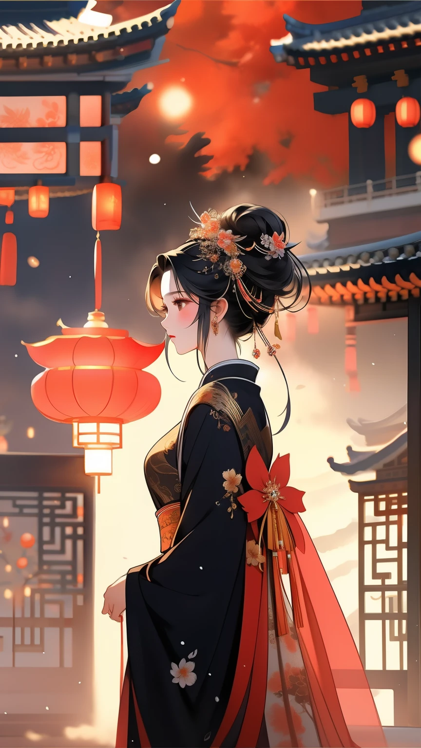ink painting,watercolor smudge,1 girl, solo, long hair, black hair, hair accessories, long sleeves, close eyes, flower, outdoor, sky, 毛flower, from behind, sash, contour, make up, night, China costume, night空, light particles, lantern, architecture, 纸lantern, Hanfu,1 girl, solo, black hair, hair accessories, long sleeves, dress, hold, jewelry, Shut up, Permanent, whole body, flower, 毛flower, Wide sleeves, bun, vague, 黑色dress, from the side, flower瓣, contour, night, China costume, 单bun, 红flower, night空, light particles, bead, shawl, 捧flower, architecture, updo, Hanfu,high quality, best quality,8K CG, Ultra-detailed, HD, masterpiece, Watercolor oil painting,丹青ink painting,ink painting彩晕染,bling,antique art,The background is decorated with auspicious clouds and silk ribbons,Elegant and peaceful atmosphere,Concept art illustration,Light painting rendering,Zen style, In line with Chinese aesthetics,The beauty of imaginary artistic conception,Beautiful digital illustration