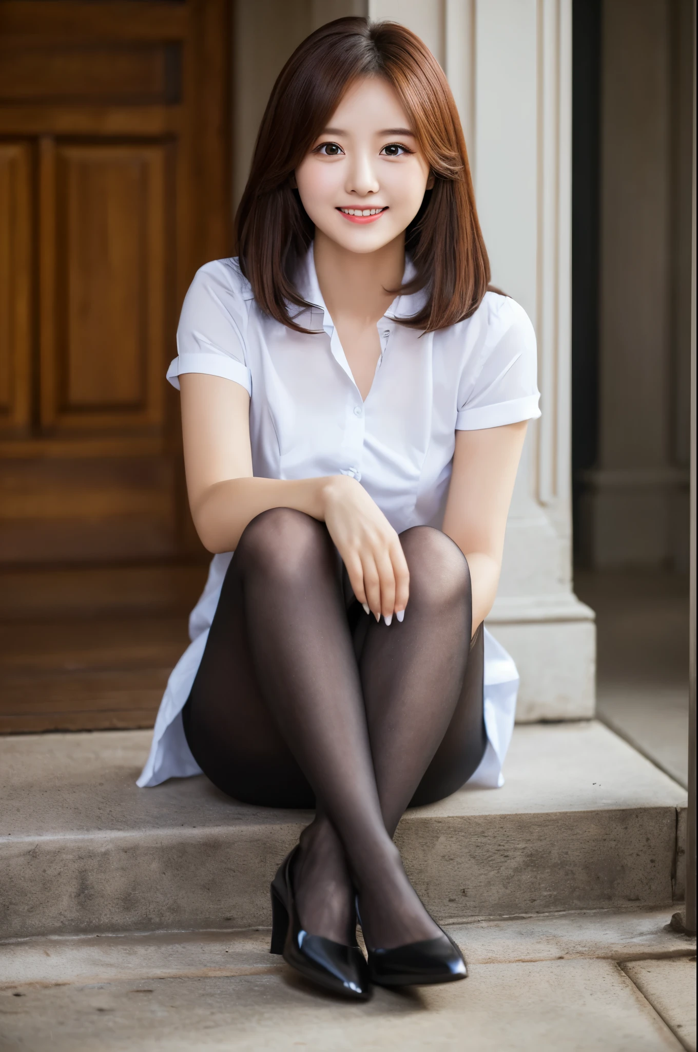 Ulchan-6500-v1.1, (RAW photo:1.2), (Photoreal), beautiful detailed girl, (genuine: 1.4), very detailed目と顔, beautiful and fine eyes, Vests with various patterns、((Sitting with legs aligned:1.3))、(super realistic pantyhose:1.2), (high heels)、((Business service))、(very affectionate smile:1.2)、huge file size, High resolution, very detailed, highest quality, [masterpiece:1.6], enlightenment, very detailed, finely, highest quality, 8k wallpaper, movie lighting, 1 girl, 26 years old, perfect body shape, Cute droopy eyes、beautiful big eyes、highest quality, 1 girl, eye shadow, Upper body, portrait, ((full body shot:1.3))、
