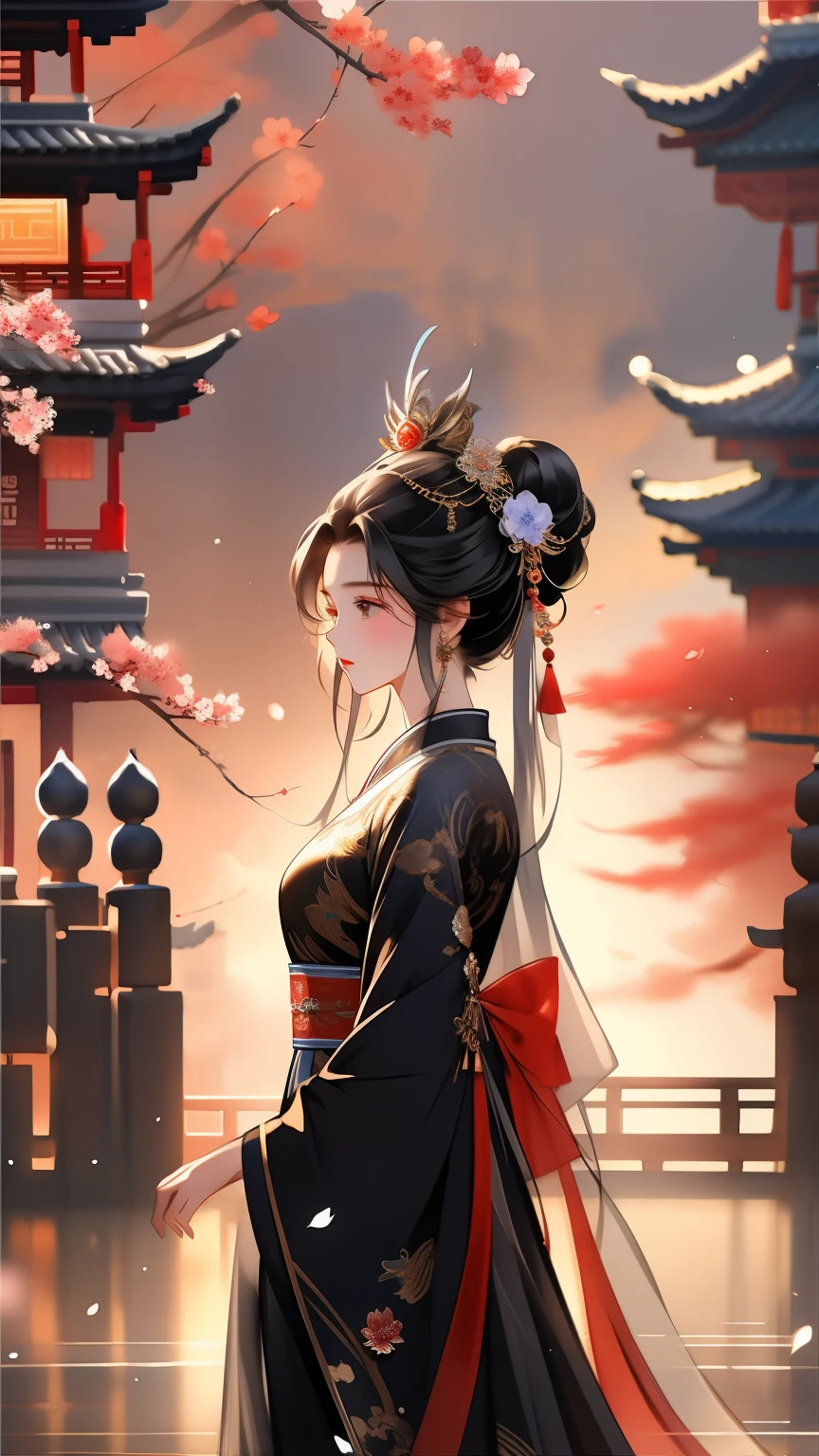ink painting,watercolor smudge,1 girl, solo, long hair, black hair, hair accessories, long sleeves, close eyes, flower, outdoor, sky, 毛flower, from behind, sash, contour, make up, night, China costume, night空, light particles, lantern, architecture, 纸lantern, Hanfu,1 girl, solo, black hair, hair accessories, long sleeves, dress, hold, jewelry, Shut up, Permanent, whole body, flower, 毛flower, Wide sleeves, bun, vague, 黑色dress, from the side, flower瓣, contour, night, China costume, 单bun, 红flower, night空, light particles, bead, shawl, 捧flower, architecture, updo, Hanfu,high quality, best quality,8K CG, Ultra-detailed, HD, masterpiece, Watercolor oil painting,丹青ink painting,ink painting彩晕染,bling,antique art,The background is decorated with auspicious clouds and silk ribbons,Elegant and peaceful atmosphere,Concept art illustration,Light painting rendering,Zen style, In line with Chinese aesthetics,The beauty of imaginary artistic conception,Beautiful digital illustration