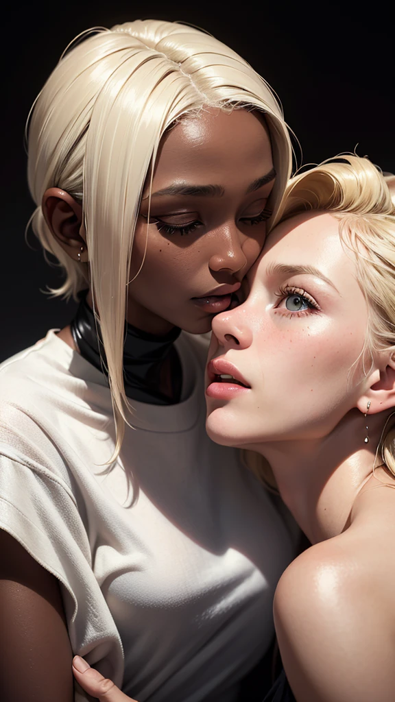 2girls, (a 20 yo woman, blonde), (kisses a 55 african woman), (lesbian kiss), dark theme, soothing tones, muted colors, high contrast, (natural skin texture, hyperrealism, soft light, sharp, perfect face)