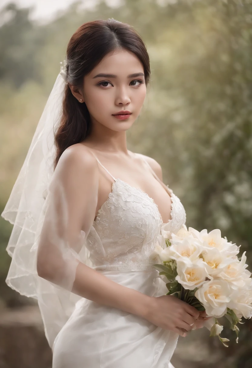 ultra realistic photo, full body, standing, of a beautiful woman from Indonesia, 20 years old, in jugle, dark background, she is just wearing a white bra and underpants, her feet and hands are wearing bridal stockings, her long black hair is blowing in the wind, her head is wearing short Wedding veil a bridal ornament, perfectly proportional body. Sad face and sharp gaze, hands holding flowers. Soft lighting, front lighting, lighting focus on models