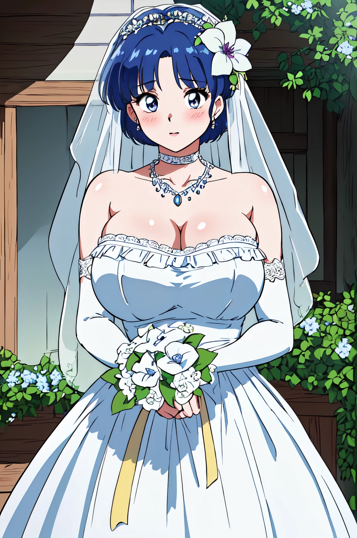  Akane_tendo，Blue hair，masterpiece, best quality, Detailed face, delicate eyes, high resolution, Close-up of beautiful bride wearing beautiful wedding dress,Gurwitz,(bridal veil:1.5），（Transparent short veil：1.5），Blushing face，Head flower，headgear，（tube top wedding dress：1.5），（Silk dress：1.2）,（Strapless wedding dress：1.5）,pure white dress，necklace，earrings，(large breasts:1.3)，Deep V peach heart collar wedding dress，Bangs，lipstick，（lace gloves：1.3）,whole body照,High detail RAW color art,Long white dress，whole body，Place your hands behind your back，