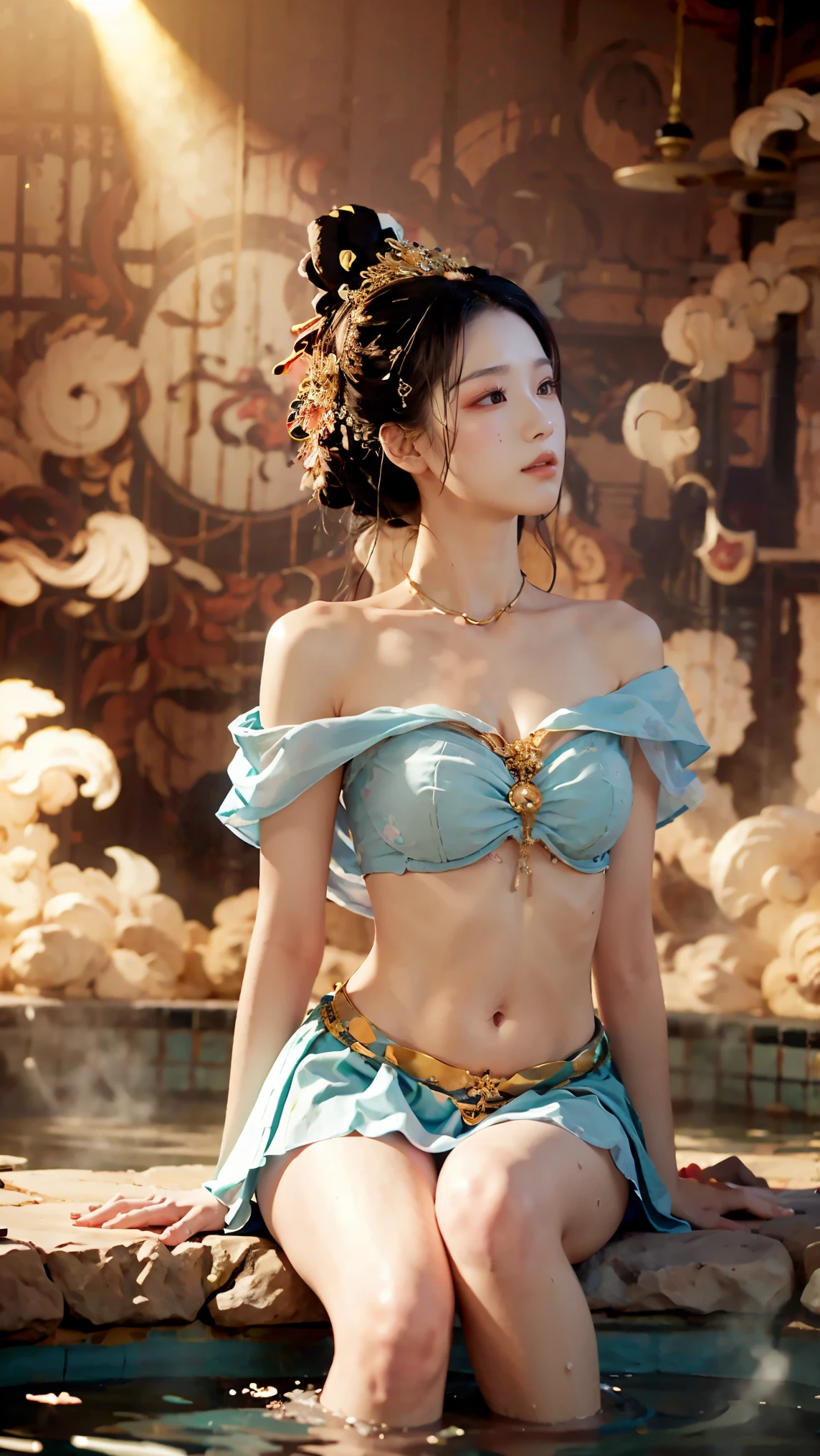 8k,best quality,Work,Very detailed,ultra high definition,Feeling,beautiful wallpaper,best masterpiece,Tyndall effect,Reality,Highest rendering,extremely beautiful face,ultra high definition晰度,exquisite facial expressions,Detailed description of face,Delicate hair features,look up,hair past shoulders,best quality,extremely high resolution。The heroine lies on her back in the antique hot spring pool,take off shoulders,clavicle,White bellyband,belly button,mini skirt,Slender jade legs,grapefruit model: Character 2, CFG scale: 7, Hire high-end talents: 1.5