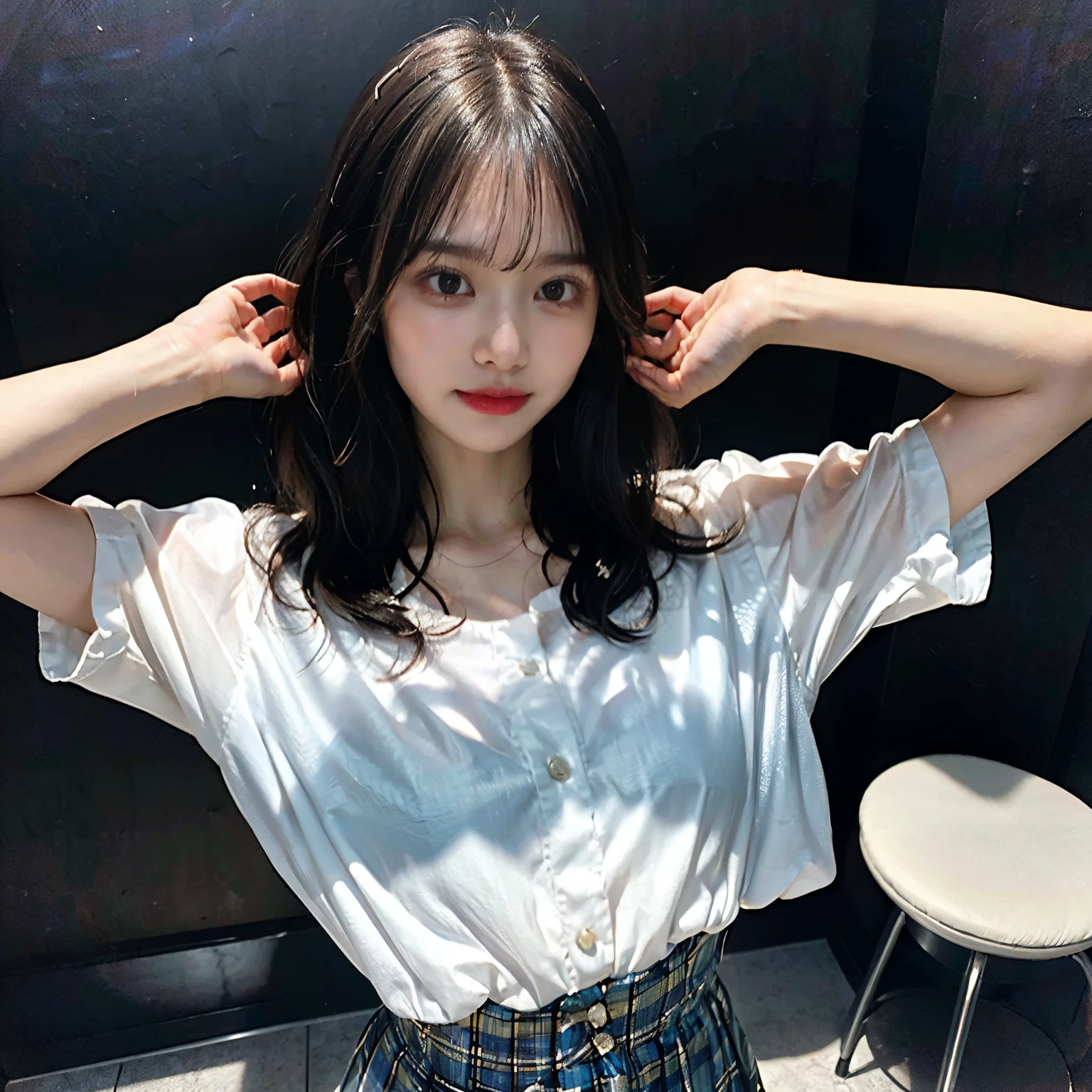 (8K、Raw photography、top-quality、masterpiece:1.3)、(realisitic、Photorealsitic:1.37)、(natta)、(Look at viewers:1.331)、(white hair)、the pose、on tokyo street、nighttime scene、cyberpunkcity、Soft light、1girl in、Extremely beautiful face、Bust、putting hands、Random hairstyle、random facial expression、big eye、、lower abdom、(Short sleeve ticker_Shirt)、nffsw_Style、(Dark blue ajc_Skirt)、(Ribbon Ticker_tie)、mix4、A detailed eye、full body Esbian、Opens mouth and laughs、18year old、college aged、circle、university classroom、Greet with a smile