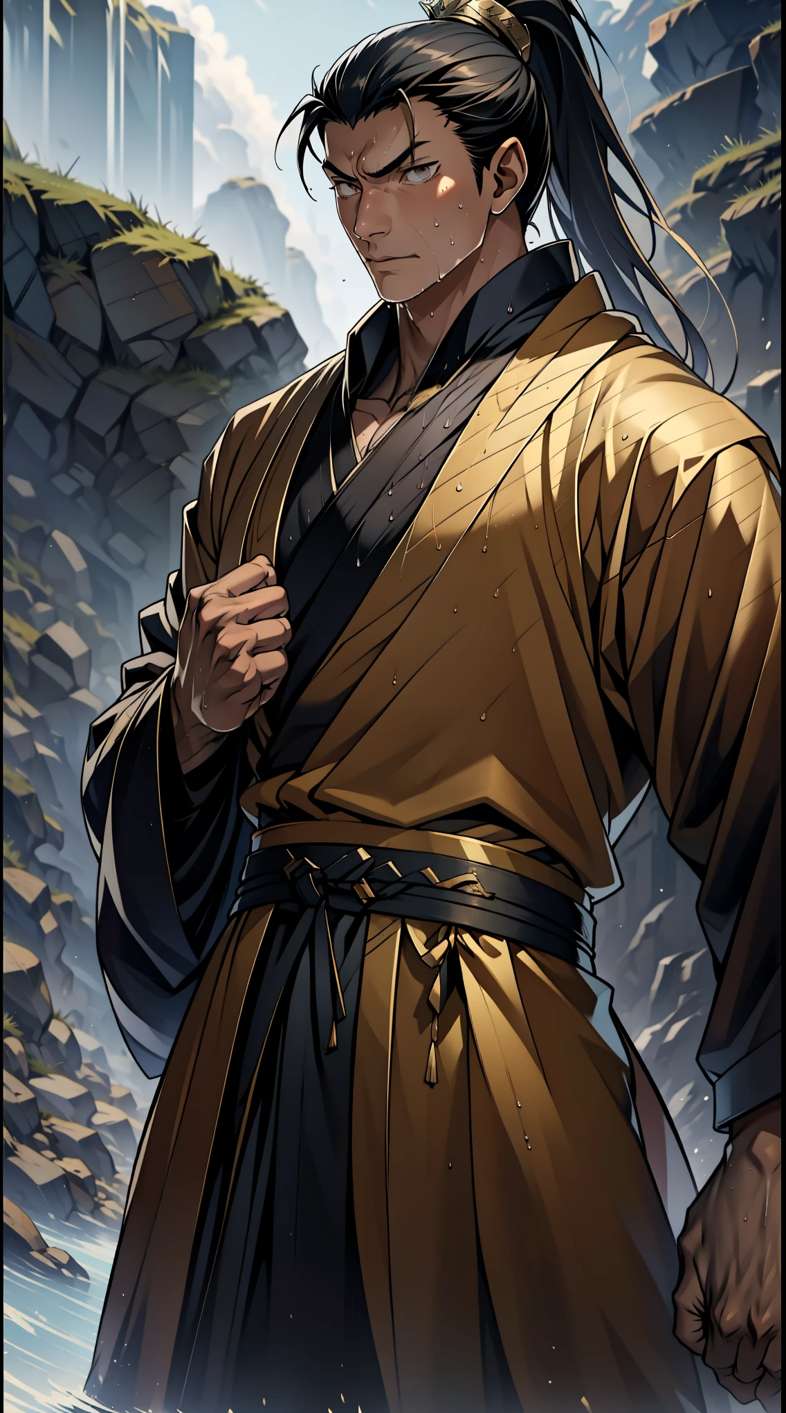 two-dimensional, anime style, man (male warrior), muscle, correct proportions, facial details, martial arts, high ponytail hairstyle,neck detail, with Adam&#39;s apple,, Hanfu costume, black toga, Embroidered robes, Robes, clothing details, collar, long sleeves, Game quality, swordsman demeanor, Ray tracing, Ray tracing, detailed glow, CG rendering, hair details, long black hair, golden eyes,, Handsome, Handsome,, (Youthful feeling), intricate clothing, wet, wet, perfect composition, refine, high quality, more details, many details, complex background, atmosphere,