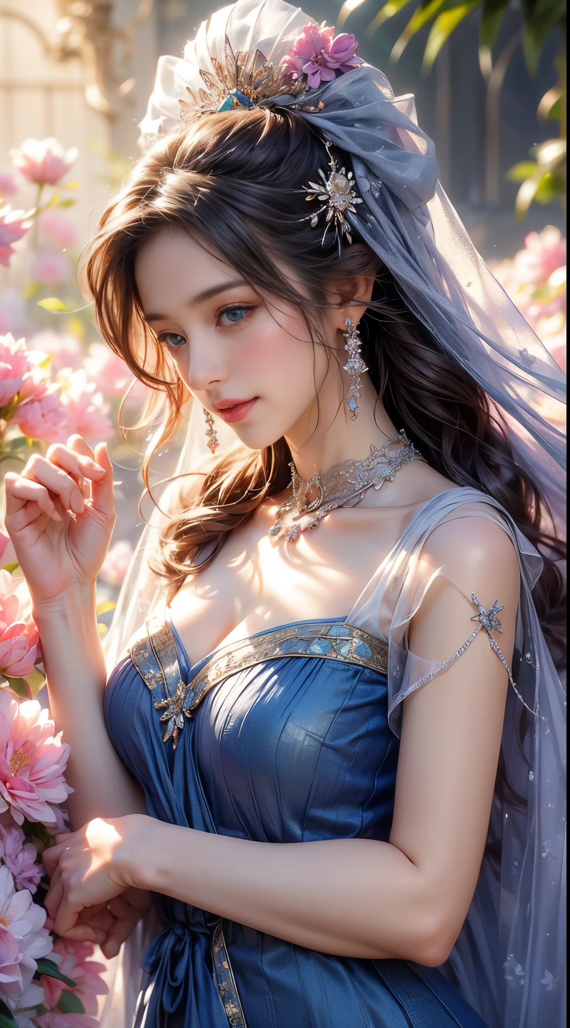 (highest quality,4K,8K,High resolution,master piece:1.2),super detailed,(Now,Realisticに,Realistic:1.37),girl in a luxurious blue dress,eyes were shining with joy, her lips were slightly curved,show a gentle smile. The sun casts a warm golden light on her face, Enhance her beauty. Flower colors are bright pink and purple、Rich in gentle pastel colors。, Create harmonious and visually pleasing works. soft and diffused lighting, Creates a dreamy and fantastic atmosphere. girl standing in the middle of the field, Please raise your arms a little, Embrace the beauty of nature. A carefully balanced formulation, girl'Off-center position, Create a sense of movement and vitality. The details of the flowers are very carefully drawn...., Carefully expressing each petal and leaf.. girl'The skirt wraps her elegantly, Adds elegance and femininity to the scene. all inclusive, Works that evoke joyful feelings, enshrine, and appreciation for the beauty of nature.........