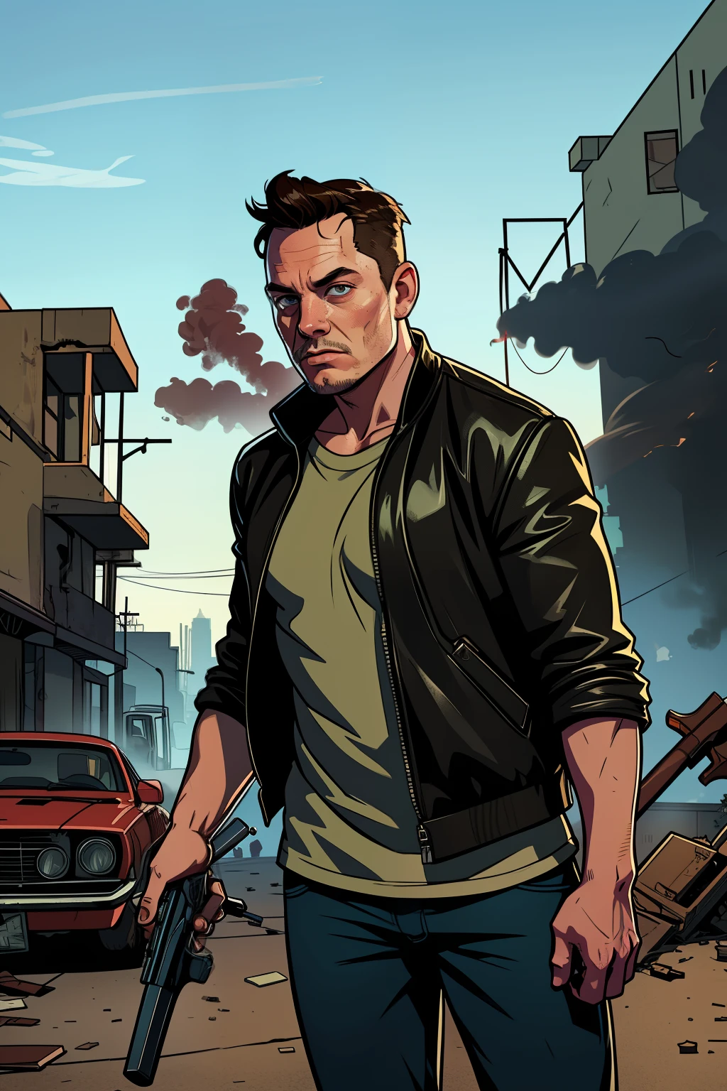 estilo GTA, tela de carregamento GTA, GTA art, Retrato de Elon Musk in The Walking Dead style , (((weapon in hand))), noite, altamente detalhado, rosto detalhado, epic, high definition shooting, retrato digital, Lindo, Art Station, comiс style, comic, The Walking Dead style. ((a destroyed city background, fogo, smoke, blast)).