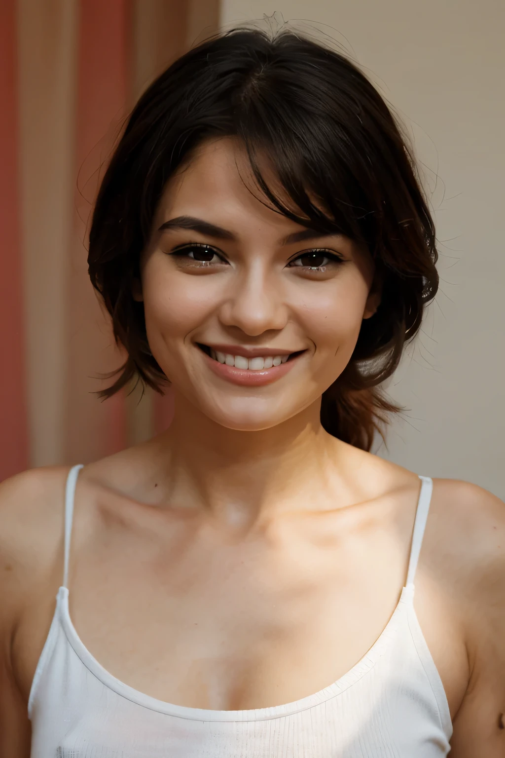 naked, topless , at a Photography studio, 35 year old brazilian woman、quality、masterpiece、Extra detail、middle breast、The best smile, curly short hair, Black Background, sit on the chair, sexy