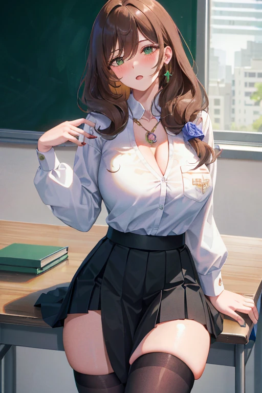 Lisa, genshin impact, 1 girl, alone, ((white shirt)), black Thighhighs, huge breasts, cleavage, uniform, office background, black skirt, pleated skirt, office, hair between eyes, messy hair, large chest, long hair, looking at the viewer, brown hair, red short nails, green eyes, alone, Thighhighs, thick thighs, very long hair, ((masterpiece)), classroom, machine, Chair, board, class board, Teaching, adult woman, sexy woman, Put your hands on your chest, put your hands on your breasts, open your mouth, Close ~ eyes, blush