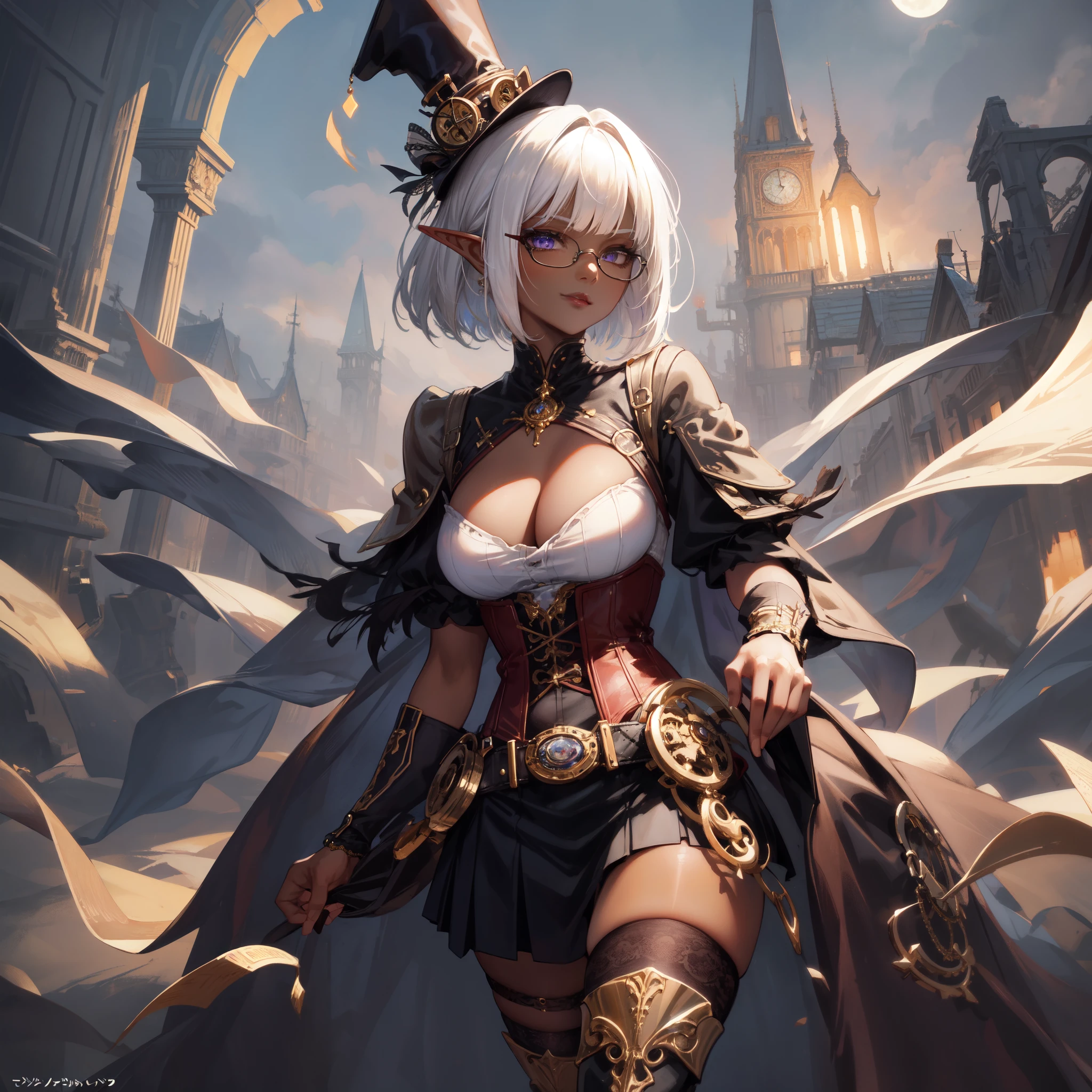 (masterpiece )), (top quality), (best quality), ((ultra-detailed, 8k quality)), Aesthetics, Cinematic lighting, (detailed line art), Beautiful digital artwork, Exquisite digital illustration, absurdres,
BREAK,
Milf Dark Elf Woman in steampunk costume, portrait, wearing steampunk attire, ((Steampunk)), (glasses), deep_cleavage, shiny skin,(steampunk_costume), corset, Hat, skirt, corset, thighhighs, boots, thigh boots, cinematography, crafted, elegant, Dynamic angle, full moon sky, dark night Background, (background Set in a steampunk Architecture),
BREAK,
highly detailed of (dark elf), (1girl), perfect face, details eye, Bob cut hair, Blunt bangs, (hair between eye), blonde white hair, (violet eyes), eyelashes, eyeshadow, pink eyeshadow, glaring, smile, design art by Artgerm, by Kawacy, By Yoshitaka Amano,
BREAK,
((perfect anatomy)), nice body, medium breast, (extremely detailed finger), best hands, perfect face, beautiful face, beautiful eyes, perfect eyes, perfect fingers, correct anatomy, ((dark skin)),