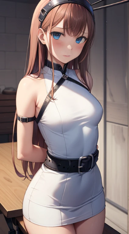 (masterpiece)), ((best quality)), (ultra-detailed), NSFW, ((torture chamber)),a cute girl, 1girl, solo, (white mini tanktop dress),(chain bound arms), (both hands are bound and is hung from the ceiling),bdsm,shibari,restrained,((thin waist)),(((single belt strongly bound waist))),beautiful brown hair, beautiful blue eyes, (beautiful eyes), long hair,troubled expression