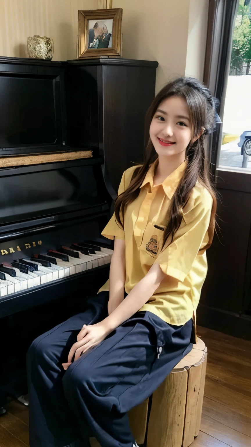 2 girls in the piano room, Navy blue short-sleeved shirt,Navy Long Trackpant,