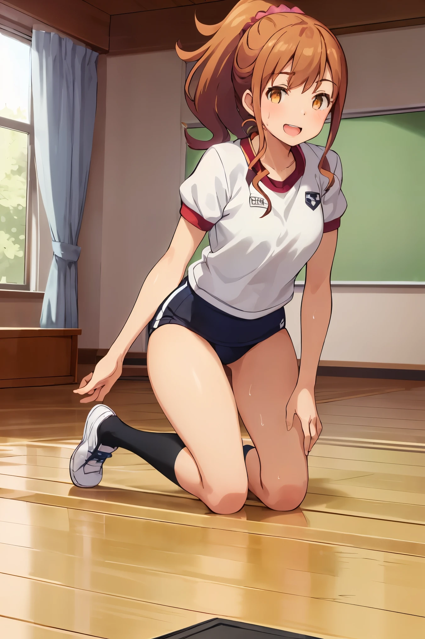 highest quality, (masterpiece:1.2), very detailed,

Megumi Kamino,
1 girl, looking at the viewer, open your mouth, smile, teeth,
brown hair, ponytail, brown eyes, Scrunchie, Heart Necklace,long white socks,
,(((black buruma, school, gym shirts, white t-shirts, gym uniform, Photo of girl in wooden floor school gym room))),buruma is bikini type ,dynamic angle ,sweat,jumping 