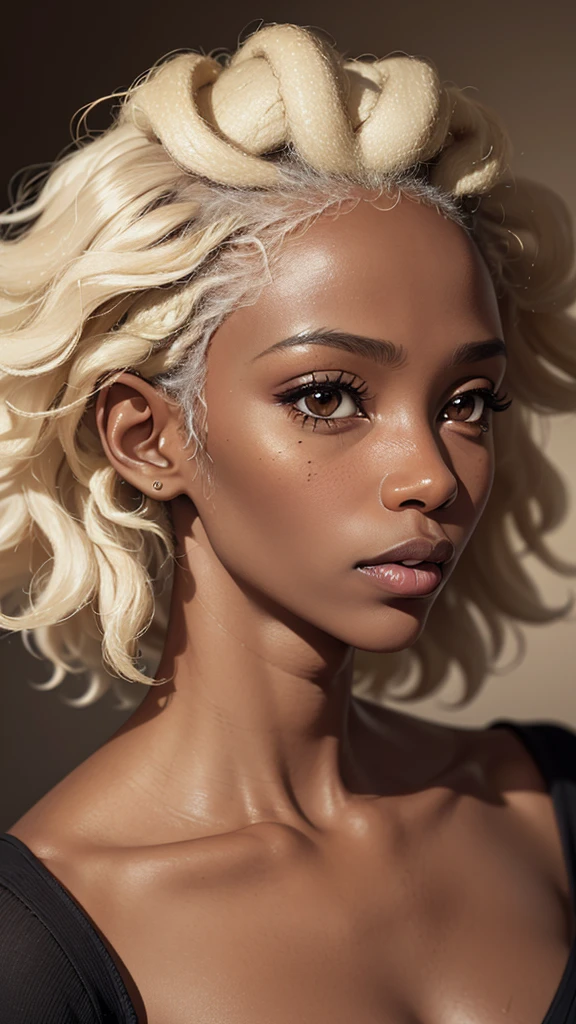 1girl, 1woman, (a 20 yo woman, blonde), (a 55 yo  african woman, afro hair), (lesbian kiss), dark theme, soothing tones, muted colors, high contrast, (natural skin texture, hyperrealism, soft light, sharp, perfect face)