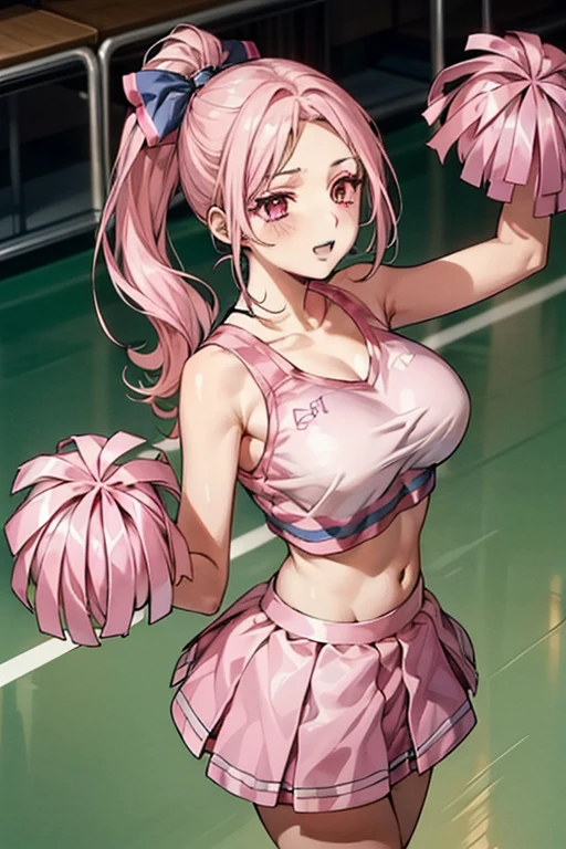 (細かく描かれたbeautiful目: 1.2), (small eyes and small face:1.3), (beautiful and clear background:1.2), (とてもbeautiful: 1.1), very detailed, sharp focus, intricate details, Glossy skin、dense hair description, detailed eye description, high quality, best image quality, master piece, 最high quality, High resolution, super detailed, one woman, ((Pink hair and pink eyes)), (Cheerleader:1.5), (pom pom:0.8), I'm rooting for you, (best smile), Angle of looking up、big breasts、perfect style、世界一beautiful、an illustration of a girl dressed in a cheer leading outfit poses for the camera in a yard, 1 girl, alone, pom pom (cheer leading), Cheerleader, pink shoes, pink skirt, raise your arms, absurd, 8K, High resolution, super detailed, beautiful, table top, 最high quality, very cute woman, young, sexy, (very big breasts:1.5), detailed woman's face, very attractive、Basketball court