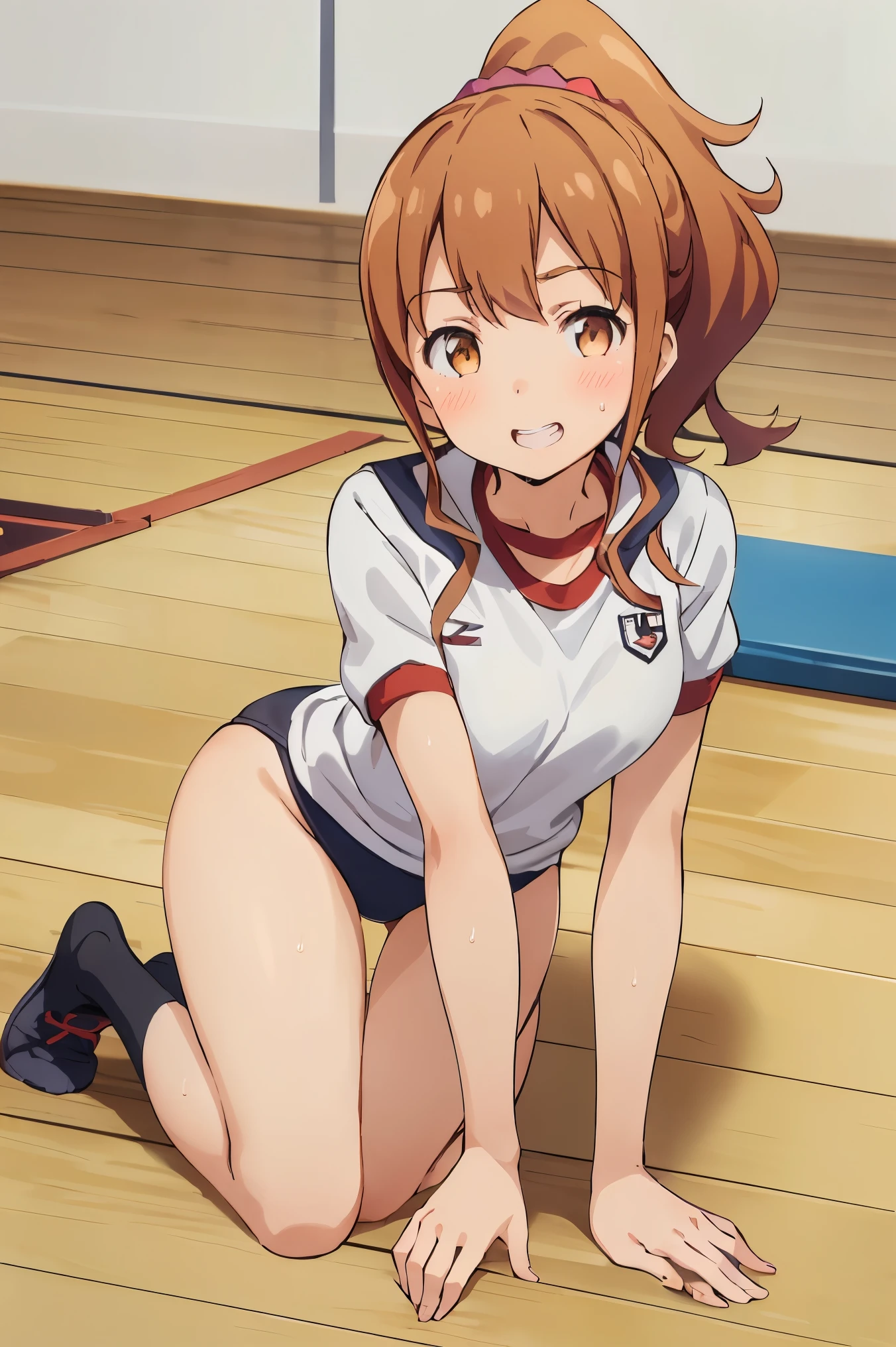 highest quality, (masterpiece:1.2), very detailed,

Megumi Kamino,
1 girl, looking at the viewer, open your mouth, smile, teeth,
brown hair, ponytail, brown eyes, Scrunchie, Heart Necklace,long white socks,
,(((black buruma, school, gym shirts, white t-shirts, gym uniform, Photo of girl in wooden floor school gym room))),buruma is bikini type ,dynamic angle ,sweat,lying 