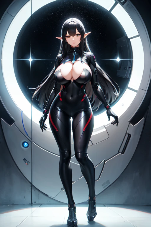 1girl, full body, standing, looking the viewer, huge breasts, massive breasts, chest covered, beautiful adult woman, high elf, long hair, black hair, amber eyes, (black futuristic sci-fi bodysuit), Ultra Quality, Masterpiece,Ethereal,Ultra-Detailed,8K, inside spaceship background