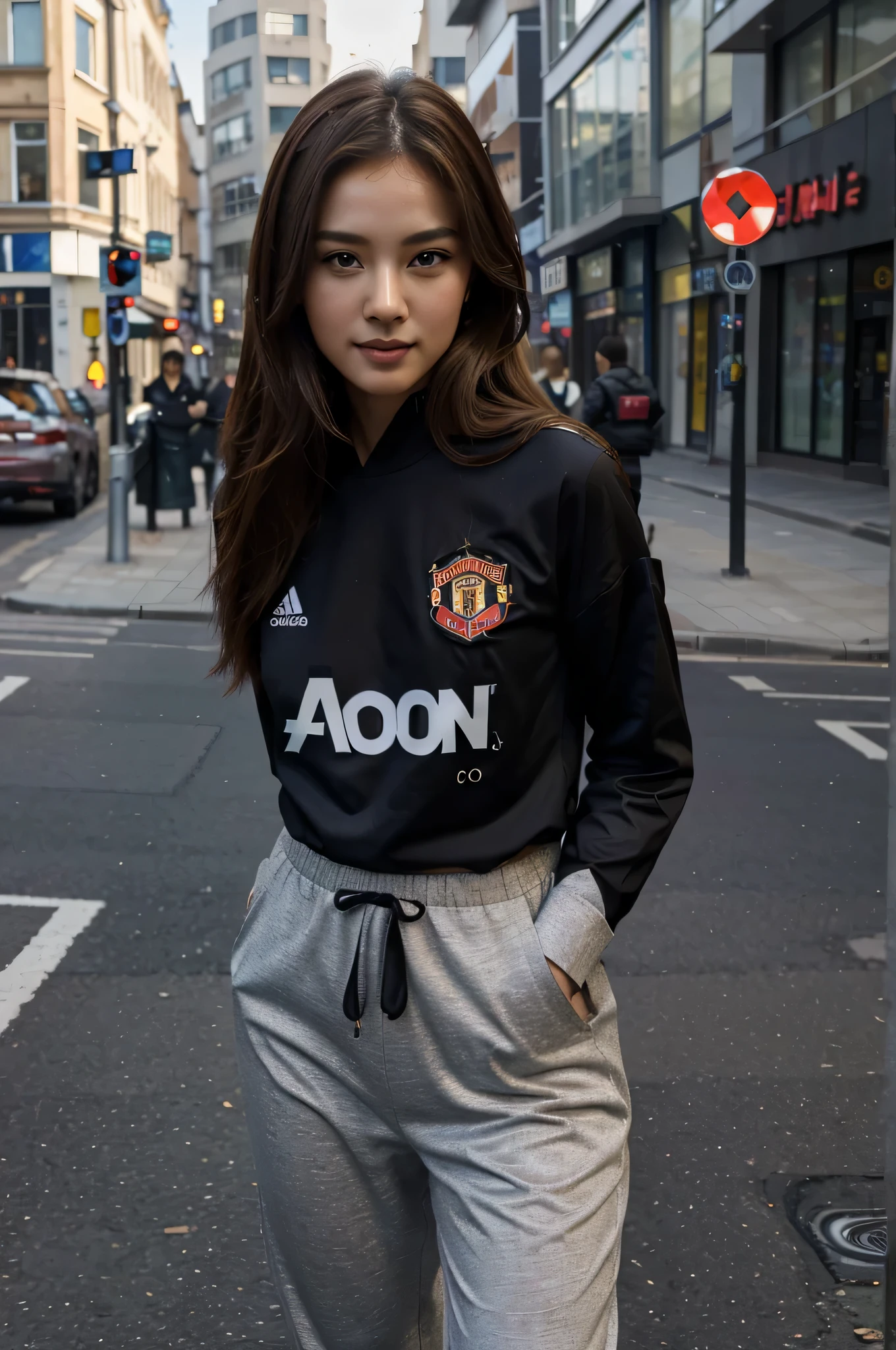 top-quality、masterpiece、超A high resolution、(realisitic:1.4)、Beautuful Women1、Beautiful detail eyes and skin、smile、Light brown hair, She Wearing a manchester united jersey and long pants posing for a photo, gorgeous chinese model, photo of slim girl model, IG-Modell, beautiful female model, on the street, manchester united jersey