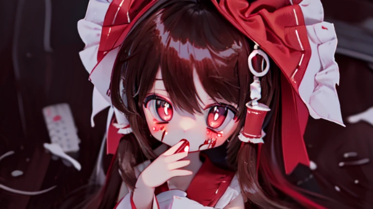 1 girl ,alone,Big head,Hakurei Reimu,Milky white liquid ejaculated,Bloodshot eyes,There is a knife in hand,There is blood flowing out from the corpse around you,There is blood on the mouth,blood spatter,maniac,Blood-colored pupils without protruding pupils,covered in blood,barefoot,wet
