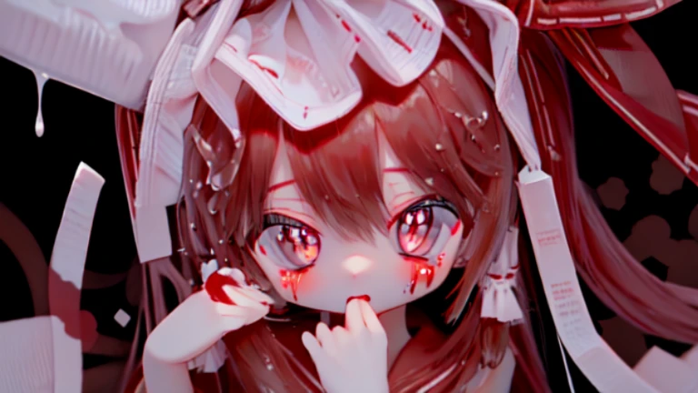 1 girl ,alone,Big head,Hakurei Reimu,Milky white liquid ejaculated,Bloodshot eyes,There is a knife in hand,There is blood flowing out from the corpse around you,There is blood on the mouth,blood spatter,maniac,Blood-colored pupils without protruding pupils,covered in blood,barefoot,wet