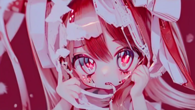 1 girl ,alone,Big head,Hakurei Reimu，Milky white liquid ejaculated，Bloodshot eyes，There is a knife in hand，There is blood flowing out from the corpse around you，There is blood on the mouth，blood spatter，maniac，Blood-colored pupils without protruding pupils，covered in blood，barefoot，wet