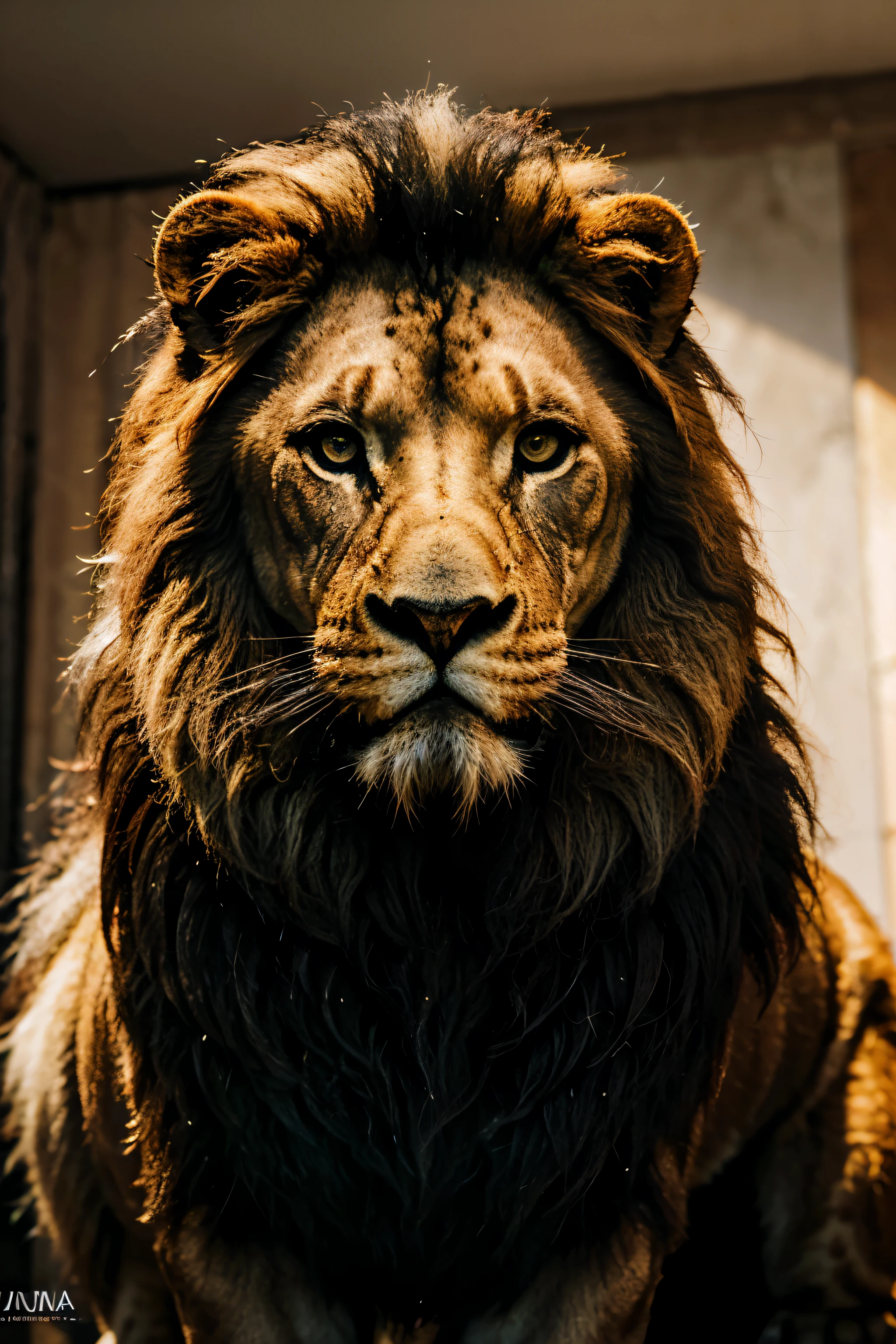 melhor qualidade, obra de arte, high resolution,  wild lion, Animal lion, Face of a lion, primeiro plano, grande juba ao vento, juba muito grande, dangerous lion appearance, Mighty Lion, obra de arte, realista, lion with penetrating gaze, muito real, grande juba, jubas ao vento, lion face, realista, sobras no rosto, muito real, fundo de sombras, muitas sombras, detalhe de sombras realistas no rosto, rim lighting, two tone lighting, 8K Ultra HD, i, alta qualidade, volumetric lighting,  fotografia, high resolution, 4k, 8k, 