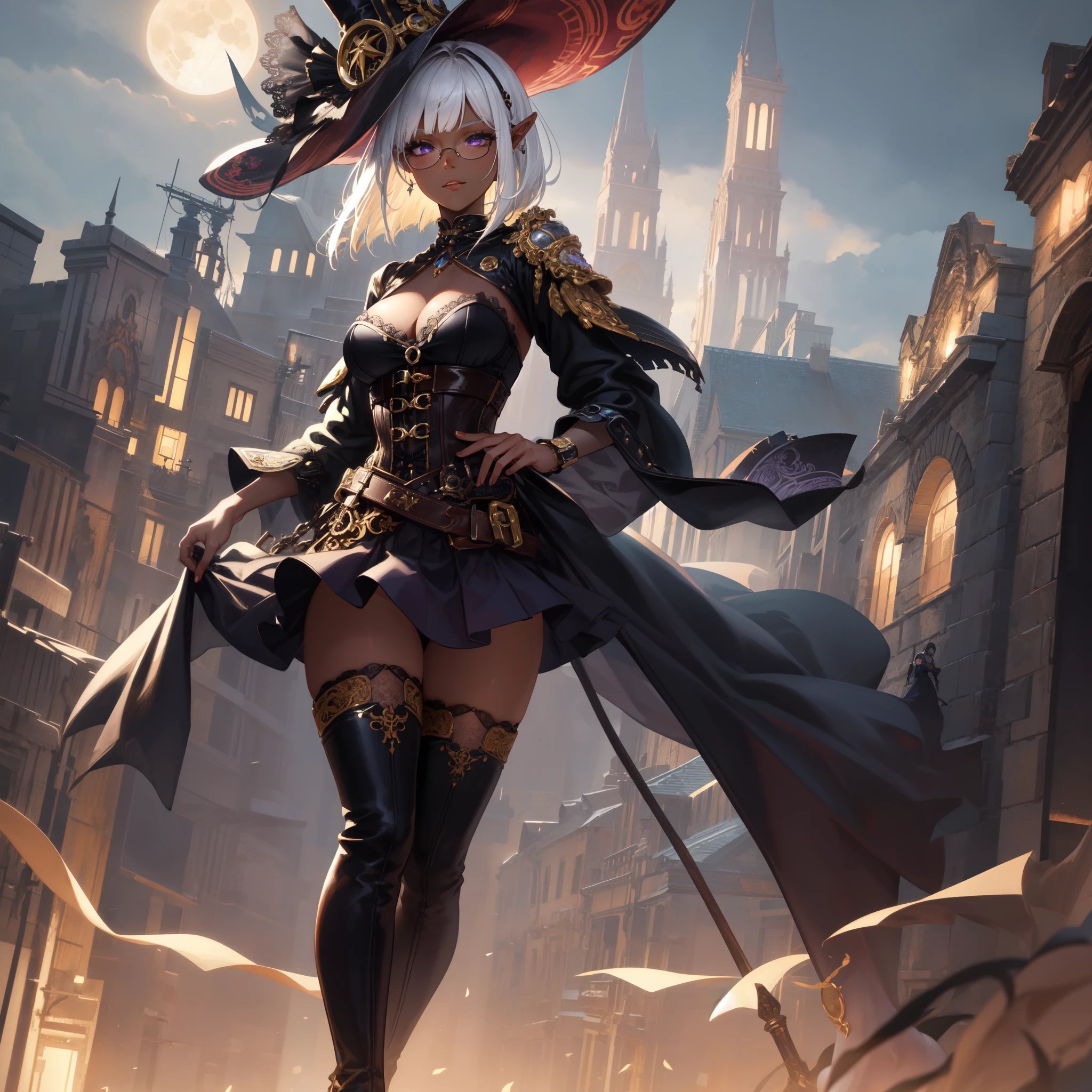 (masterpiece )), (top quality), (best quality), ((ultra-detailed, 8k quality)), Aesthetics, Cinematic lighting, (detailed line art), Beautiful digital artwork, Exquisite digital illustration, absurdres,
BREAK,
Milf Dark Elf Woman in steampunk costume, portrait, wearing steampunk attire, ((Steampunk)), (glasses), deep_cleavage, shiny skin,(steampunk_costume), corset, Hat, skirt, corset, thighhighs, boots, thigh boots, cinematography, crafted, elegant, Dynamic angle, full moon sky, dark night Background, (background Set in a steampunk Architecture),
BREAK,
highly detailed of (dark elf), (1girl), perfect face, details eye, Bob cut hair, Blunt bangs, (hair between eye), blonde white hair, (violet eyes), eyelashes, eyeshadow, pink eyeshadow, glaring, smile, design art by Artgerm, by Kawacy, By Yoshitaka Amano,
BREAK,
((perfect anatomy)), nice body, medium breast, (extremely detailed finger), best hands, perfect face, beautiful face, beautiful eyes, perfect eyes, perfect fingers, correct anatomy, ((dark skin)),