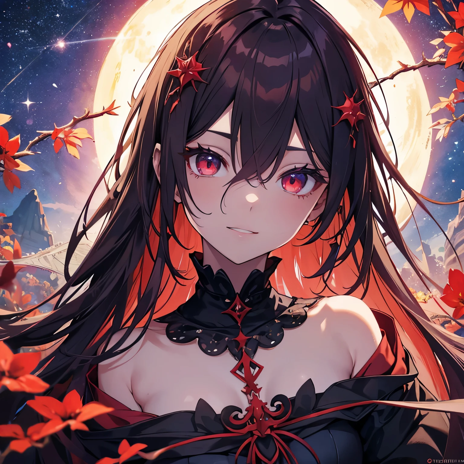 Anime girl with long hair and red eyes in front of a full moon - SeaArt AI