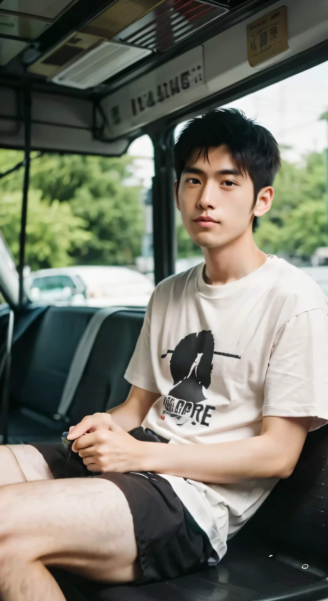 whole body, Wearing slip-ons, Paws are hairy, hairy legs, two block, long legs, male, 27 years old, thin beard, Japanese, wearing shorts, wearing a t-shirt, very short hair, black hair, Take the bus, sitting on the seat, 