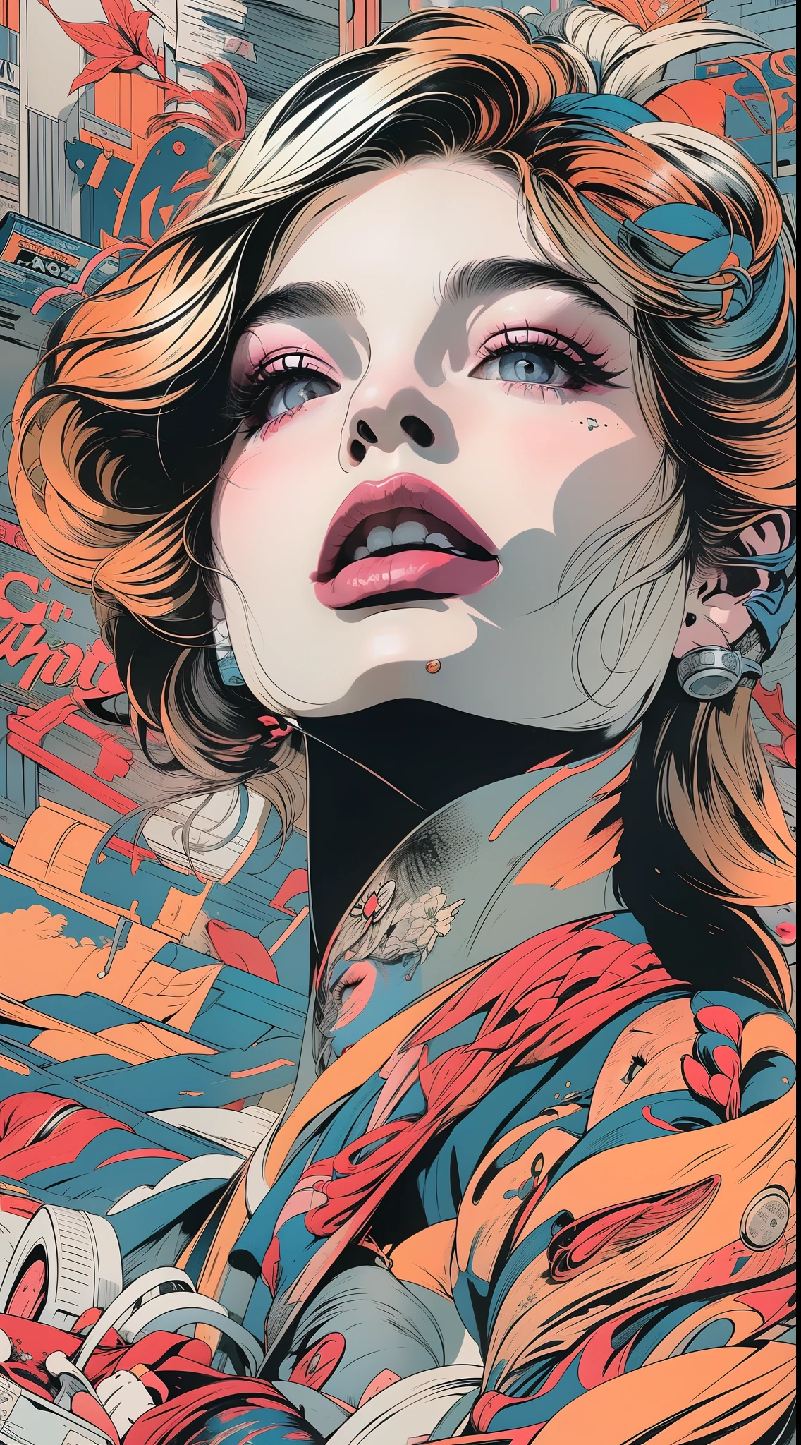 Create a digital art work in pop art style, featureing a vibrant and confident woman with bold makeup and colorfull fashion, cinematic color scheme, surrounded by vintage flowers patterns, energtic brushstrokes,the mood should be dynamic, upper body, drawing, illustration, grayscale