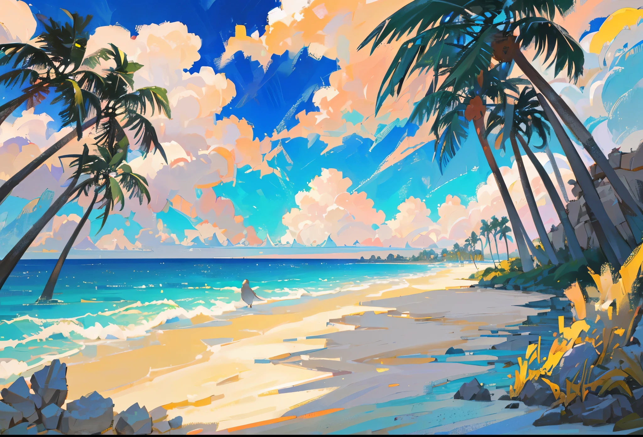 (best quality,4k,8k,highres,masterpiece:1.2),ultra-detailed,pastel style:1.2,birds flying,ocean waves,sand,rocks,sunlight,bright warm colors,palm trees,beach landscape