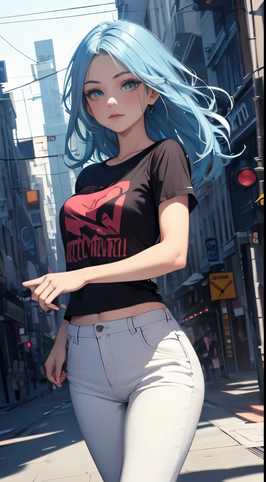 1 girl named Sarah with long light blue hair, dyed loose hair, Peinado largo, rostro perfecto y detallado, joven bonita chica blanca, Modelo de techo caliente, Detallados symmetrical eyes de color verde claro con iris redondos., hermoso, caminar y posar, Mira al observador, 19 year old girl, Se parece a la cerveza Madison., cara extremadamente detallada, modelo, Realista, vida real, imagen fotorrealista perfecta, Realista, Figura de reloj de arena, stunning realistic photograph, dedos detallados, cara realista detallada, Dedos suaves, real human nails, Chica extremadamente atractiva, bronceado perfecto y detallado, small eyes, rostro perfectamente detallado con tez realista y piel finamente porosa, small nose, modelo, Postura perfecta, Extremidades naturales, piernas largas, detailed symmetrical eyeballs, symmetrical eyes, Realista eyeballs, Realista detailed eyes, lindos labios cerrados y regordetes, constituir, sin cuello largo, sin cintura larga, cuerpo proporcional perfecto, mirada seductora, looking in the direction of the viewer, Fascinantes rasgos faciales, ah alto, dos brazos, dos piernas, una cabeza, pechos diminutos, cuerpos naturales realistas, sombras realistas, mystical epiphany, 8k, HD, ((Cuerpo frente al espectador, pointing at camera)), "Gran angular", tiro de cuerpo completo, pose completa, (photo studio white background), tentar un poco, cinematographic world, Foto de portada en el centro de Hiperrealista., Impresionante a todo color, cinematographic, neopreno, ganador del concurso de comportamiento, retrato de un, presentado en UnsplasH, Arte digital estilizado, liso, extra high resolution, Lleva una gran camiseta larga blanca y pantalones deportivos negros Acronym J36-S. (camiseta solo blanca), Zapatillas blancas y negras, modelo de instagram, 80mm , ropa de calle , (((dynamic view))) , Realista,culo redondo
