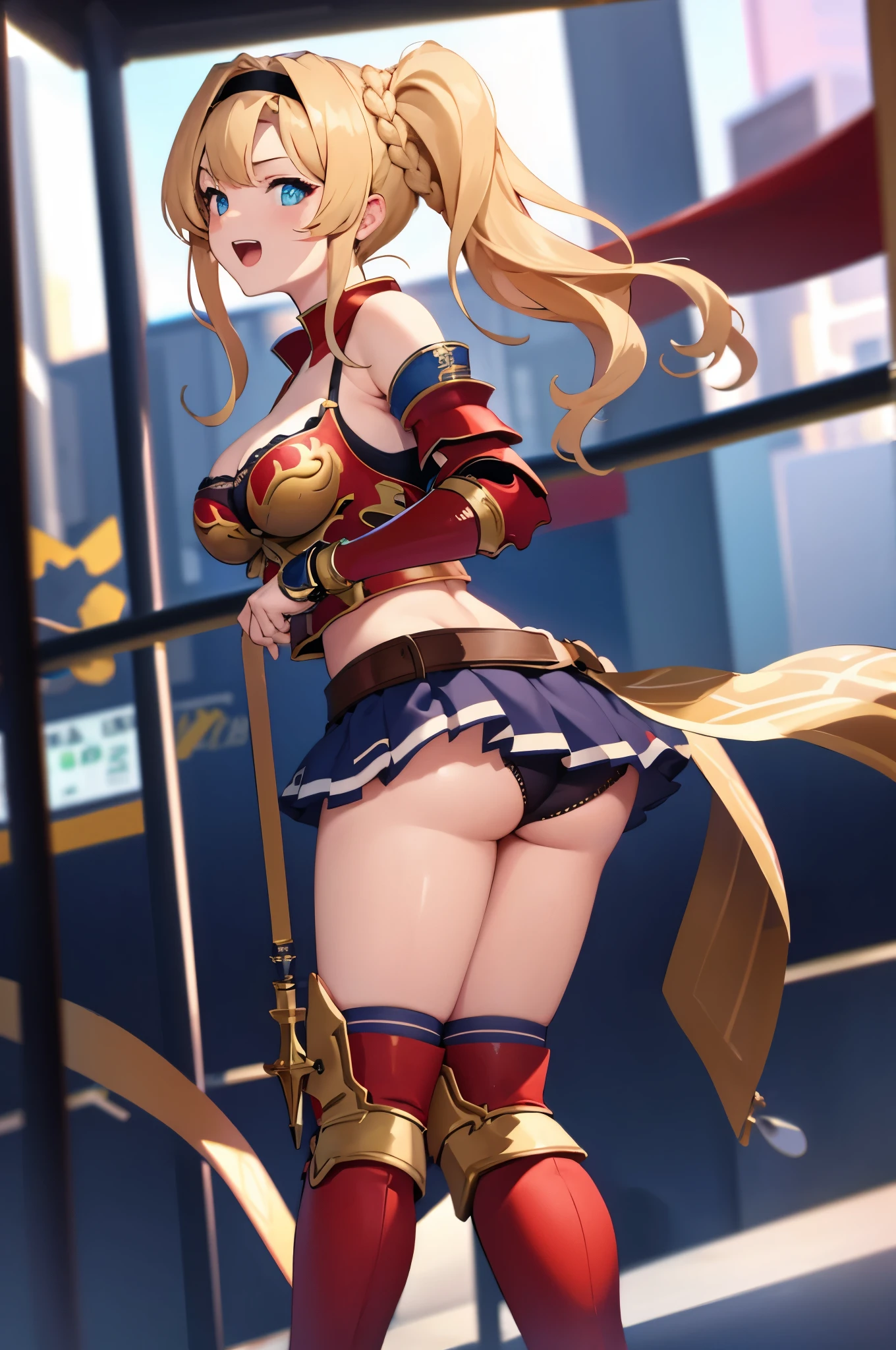 zetadef, braid, hair intakes, twintails, hairband, red armor, shoulder armor, skirt, thighhighs, gauntlets, belt, midriff, cleavage naughty smile, open mouth, ,{{{stick out butt:2.0}}},,looking back over the shoulder,standing, full body,i can see panty ,look down at viewer, learning forward, looking down at viewer, (from below:1.2),{{{lower body shot1.5}}}, View from below, {{{View from the back:1.5}}}, very low - angle, (Best Quality,masutepiece:1.3),absurderes,high resolution,absurderes, Perfect Skin, Detailed skin texture, ultra-detailliert, 8K, Intricate details, beautifull detailed face,hight resolution,