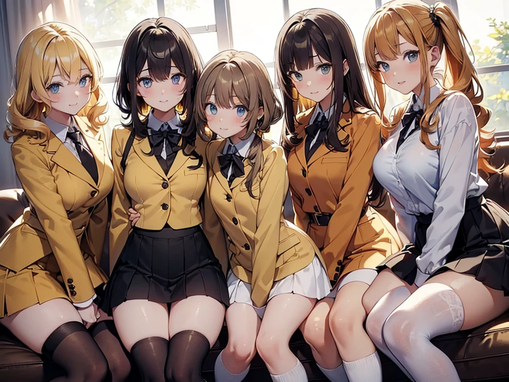 ((masterpiece, best quality, 8k, highres:1.1)), yellow school uniform, highleg, hazel eyes, yellow blazer, enormous gigantic breasts, yellow pencil skirt, white thighhighs, white thighhigh socks, black high heels, (brown hair, yellow hair, black hair, red hair, curly hair, long hair), (5girls, family pic, identical sisters, clones), ((matching hairstyles, matching faces, same eye color, matching outfits))