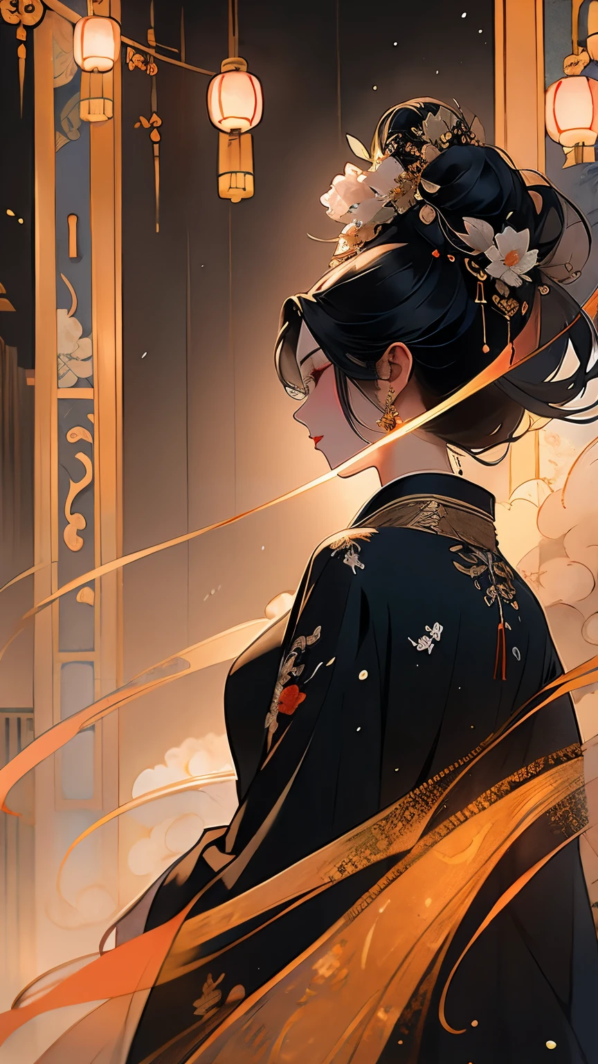 ink painting,watercolor smudge,1 girl, solo, long hair, black hair, hair accessories, long sleeves, close eyes, flower, outdoor, sky, 毛flower, from behind, sash, contour, make up, night, China costume, night空, light particles, lantern, architecture, 纸lantern, Hanfu,1 girl, solo, black hair, hair accessories, long sleeves, Gorgeous silk dress, Hanfu,hold, jewelry, Shut up, Permanent, whole body, flower, 毛flower, Wide sleeves, bun, vague, from the side, flower瓣, contour, night, China costume, 单bun, flower朵装饰的发簪,散开的long hair,红flower, night空, light particles,黄金jewelry, bead, architecture, updo, Hanfu,high quality, best quality,8K CG, Ultra-detailed, HD, masterpiece, Watercolor oil painting,丹青ink painting,ink painting彩晕染,bling,antique art,The background is decorated with auspicious clouds and silk ribbons,Elegant and peaceful atmosphere,Concept art illustration,Light painting rendering,Zen style, In line with Chinese aesthetics,The beauty of imaginary artistic conception,Beautiful digital illustration,粉红色的桃flowerflower瓣围绕着她