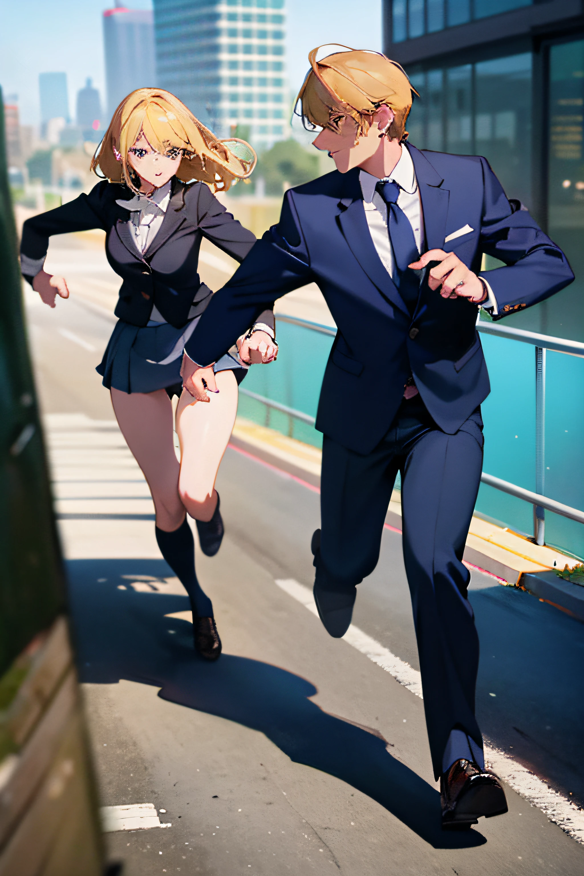 that person is the boss, in a suit, middle aged, Businessman, run away from women.
Women are blondes, In school uniform, in a miniskirt, chase a man.
A man and a woman are lovers. the man is running away, a woman is chasing him.
The location is in the city during the day...