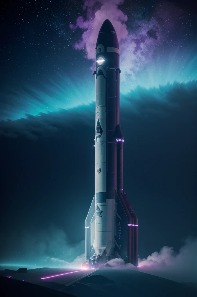 Imagine a space rocket taking off, purple blue green smoke around, fog around, futuristic image, best quality, abstract, neon lights