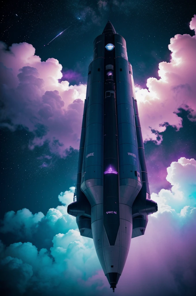 Imagine a space rocket taking off, purple blue green smoke around, fog around, futuristic image, best quality, abstract, neon lights