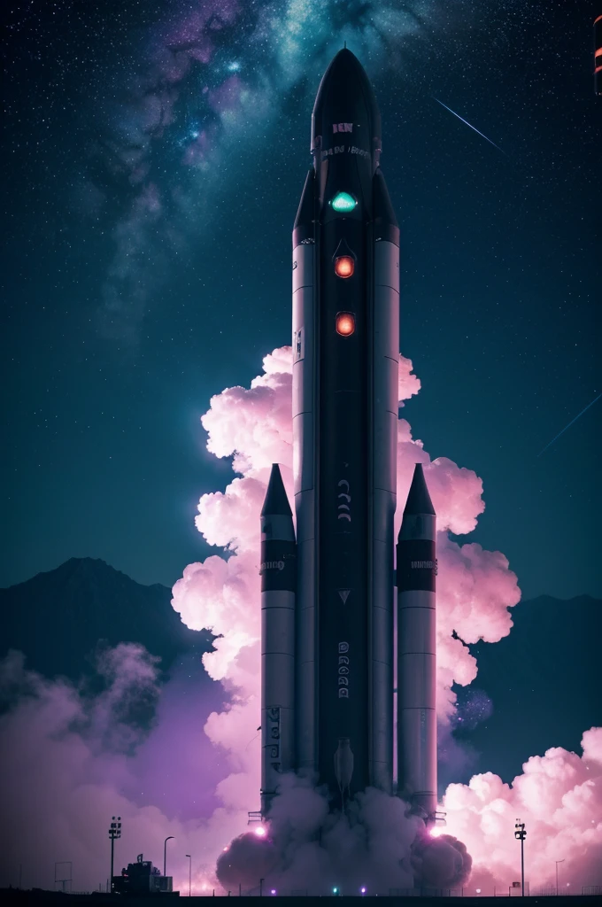 Imagine a space rocket taking off, purple blue green smoke around, fog around, futuristic image, best quality, abstract, neon lights