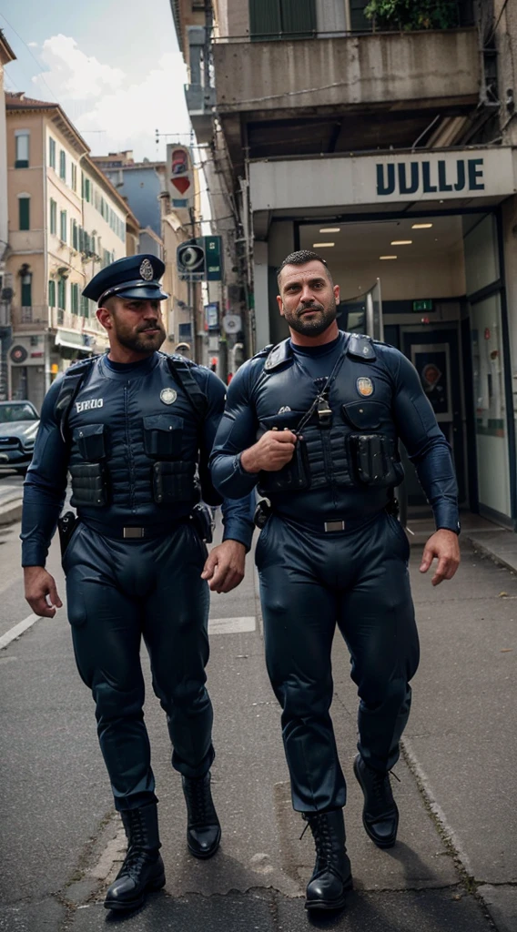 fat man, mature, 40 years old, black military hair, bulging belly, shiny leather police uniform, black mustache, sunglasses, sturdy body, long leather boots, black leather gloves, futuristic street with neon lights, realistic style, extremely detailed, best quality