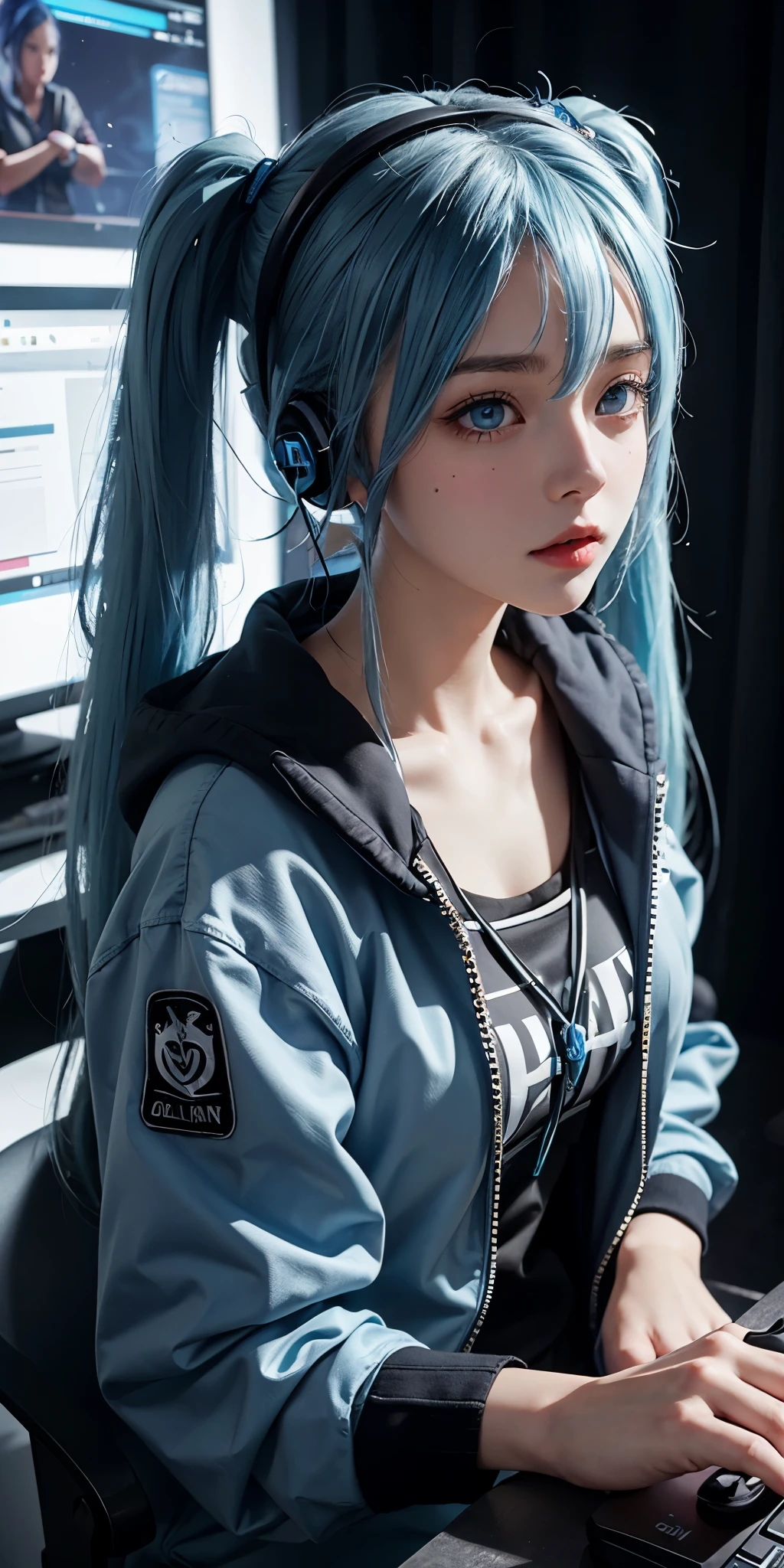 1girl, blue hair, blue eyes, twintail , headphones gaming,high quality, ultra detailed, masterpiece, realistic, gaming clothes