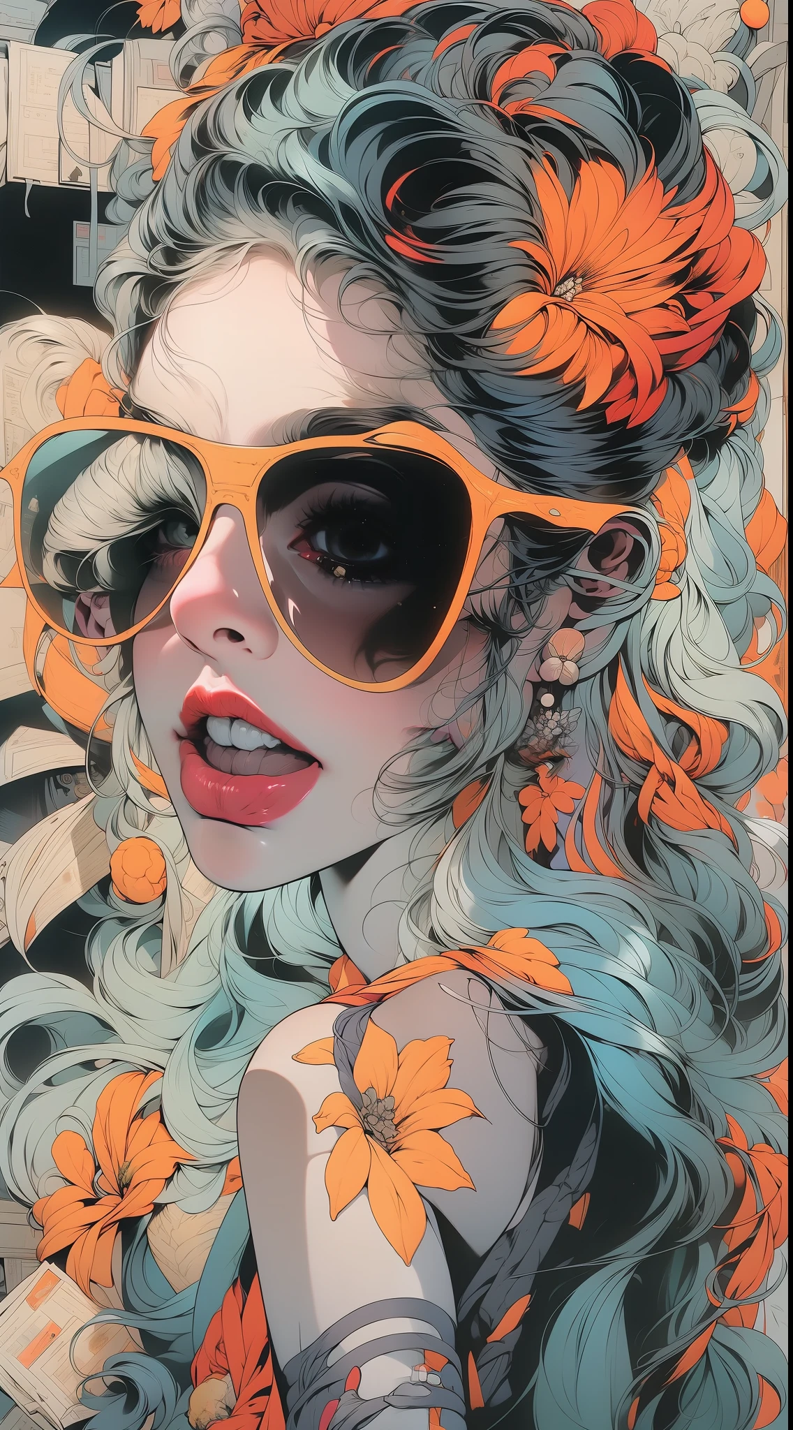 Create a digital art work in pop art style, featureing a vibrant and confident woman with bold makeup and colorfull fashion, cinematic color scheme, surrounded by vintage flowers patterns, energtic brushstrokes,the mood should be dynamic, upper body, drawing, illustration, grayscale