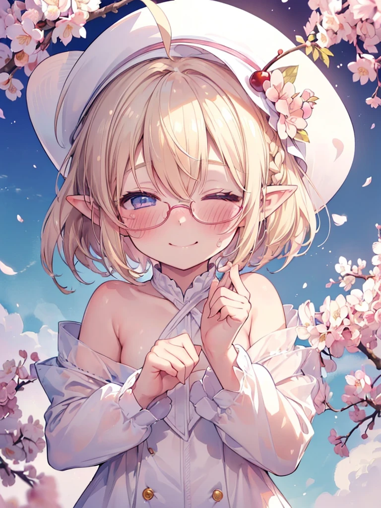 (((nsfw))), ultra detailed, best quality, high resolution, ((8k)), ((:1.5)), solo, pale skin, petite, (glossy blonde hair), (very short hair), blue eyes, (ahoge:1.3), (glasses), ((pointy ears)), (blush:1.5), ((single short braid:0.8)), ((very happy smile:1.2)), ((face:1.5)), ((watercolor)), ((white hat)), closed eyes, ((cherry blossom background)), ((nude))