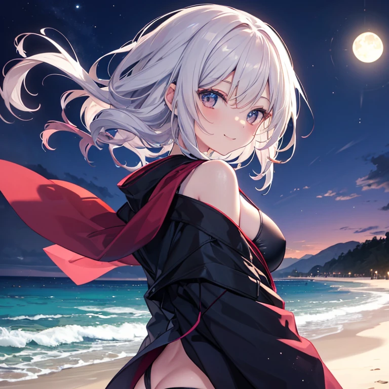 A 25 year old Japanese slender lady, silver ((loose curly hair))smooth curly hair , wearing only a black bikini and a cardigan , looks really calming and beautiful and cool, at a beach in midnight, spreading her left arms forward, a bit windy scene, smiling passionately under the moonlight, looking back pose, charming smile
