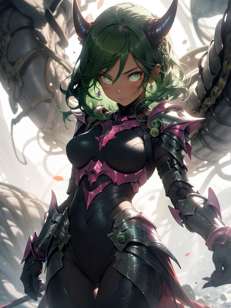 short green waved hair and green eyes, friendly face expression