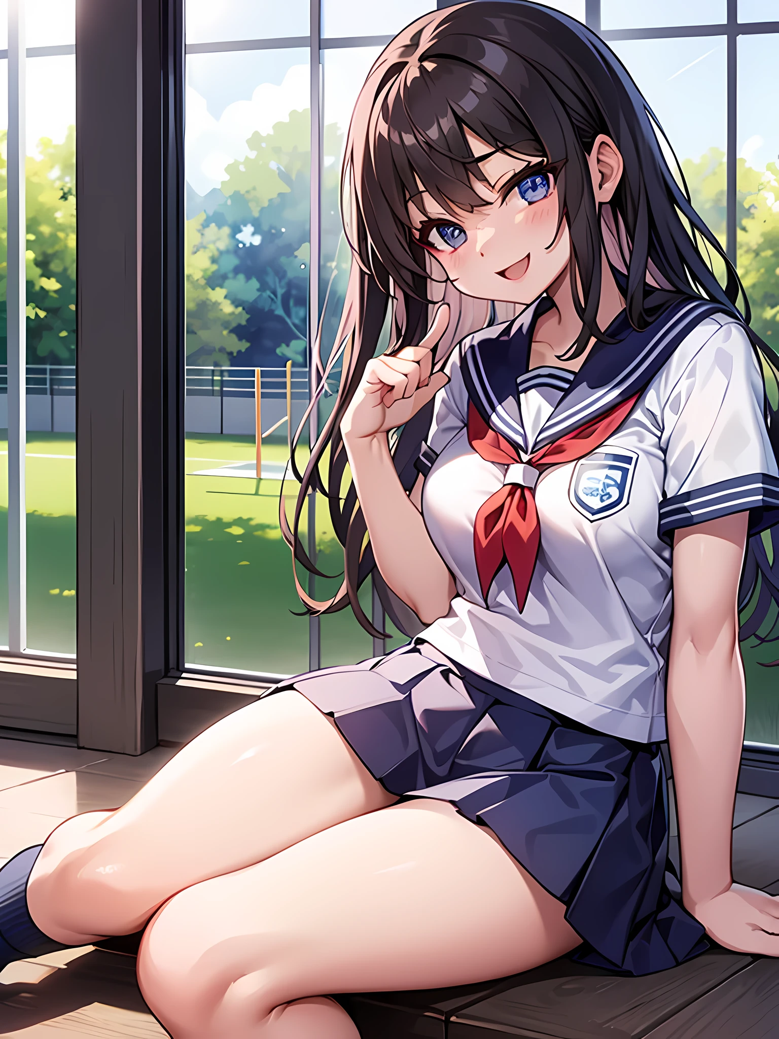 top quality、limbs intact、complete finger、slim and beautiful、straight hair、brown hair、long hair、bare legs、Dark blue socks、Sailor suit、Dark blue mini skirt、Beautiful big breasts、bright smile、standing、sexy pose、School sports ground
